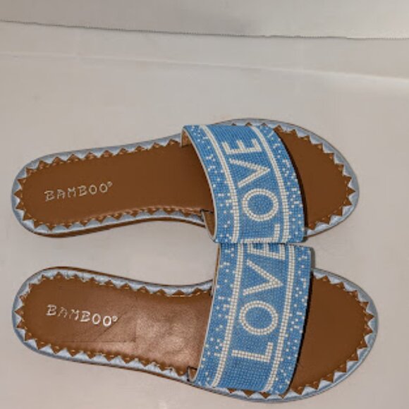 Bamboo Blue and White Beaded Open Toe Slip On Slide Sandals Women's Size 8 NWT - Picture 3 of 7
